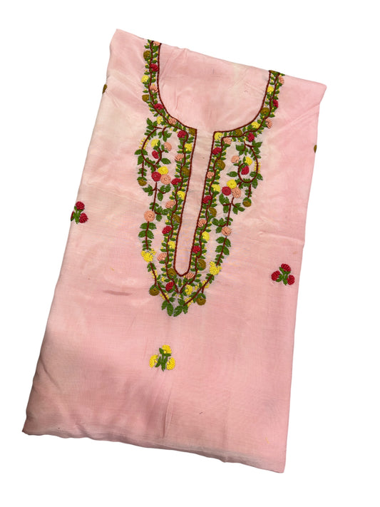 Pink Maslin Cotton Tunic - Multicolor Floral Embroidery Kurti (2.5 Meter)