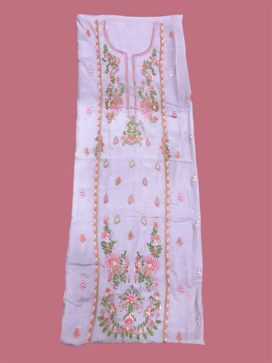 Lavender Floral Embroidered Crepe Kurti (2.5 Meter)