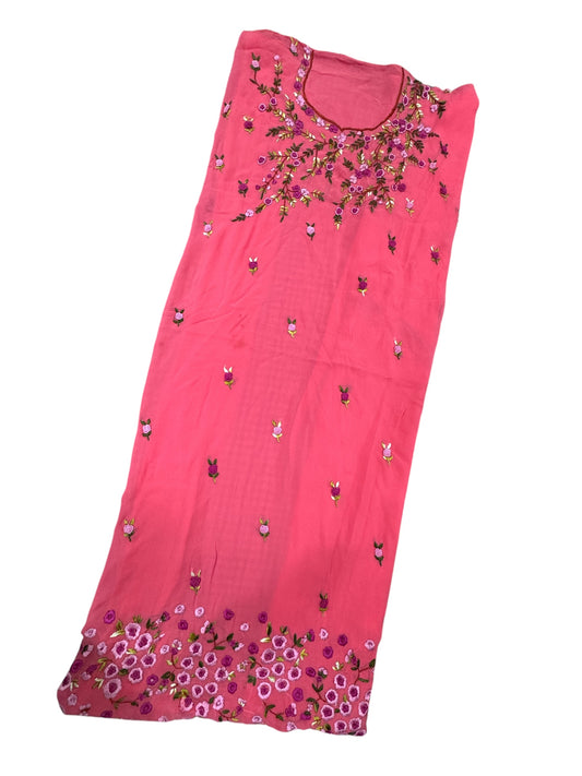 Coral Pink Embroidered Tunic - Floral Border Design Kurti (2.5 Meter)