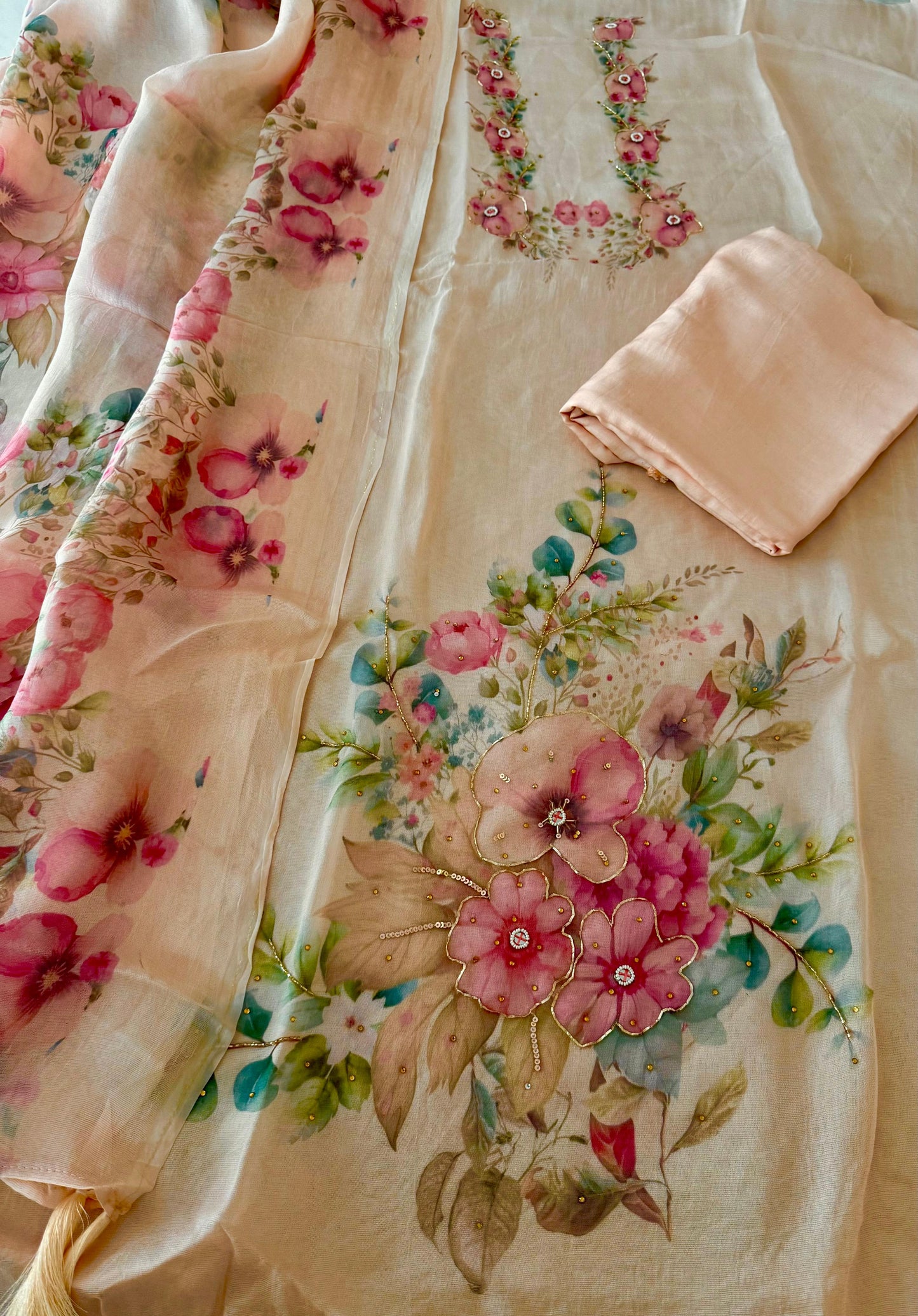 Burberry-Inspired Floral Suit with Hand Embellished Detail – Soft Pastel Collection