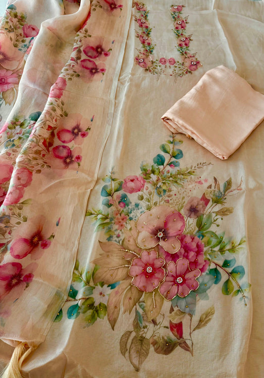 Burberry-Inspired Floral Suit with Hand Embellished Detail – Soft Pastel Collection