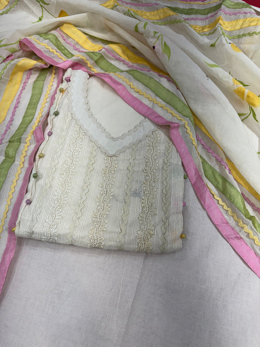 "Serene Grace: Embroidered Cotton Suit with Multicolor Dupatta"