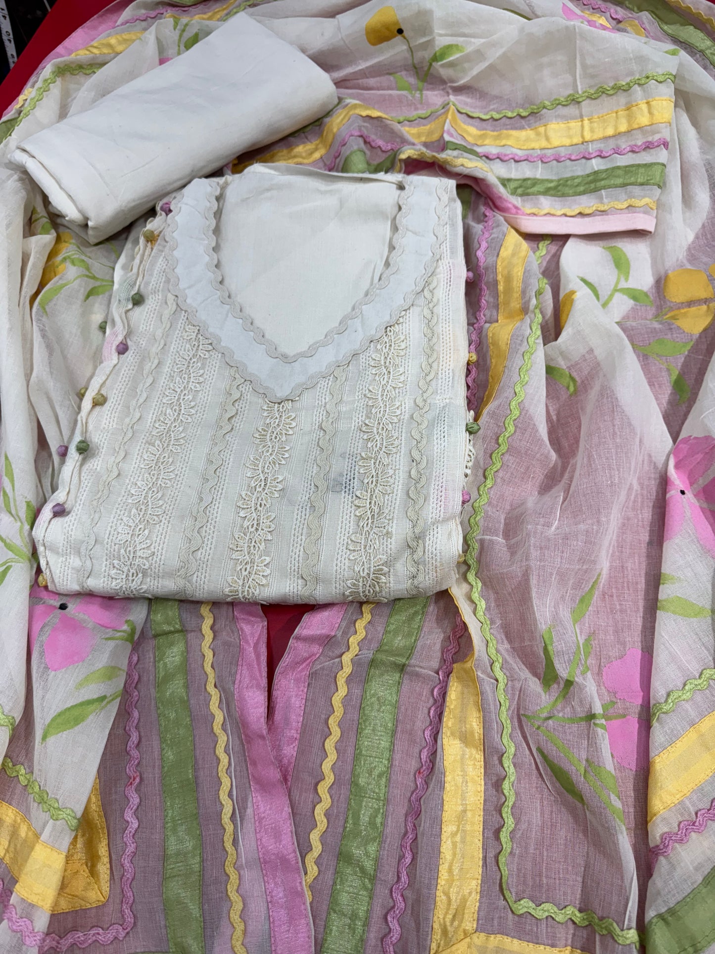 "Serene Grace: Embroidered Cotton Suit with Multicolor Dupatta"