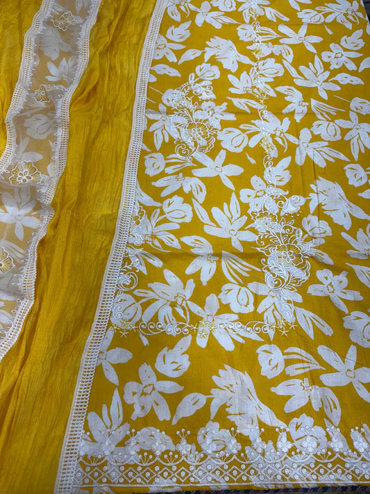 Sunshine Yellow Designer Cotton Dupatta