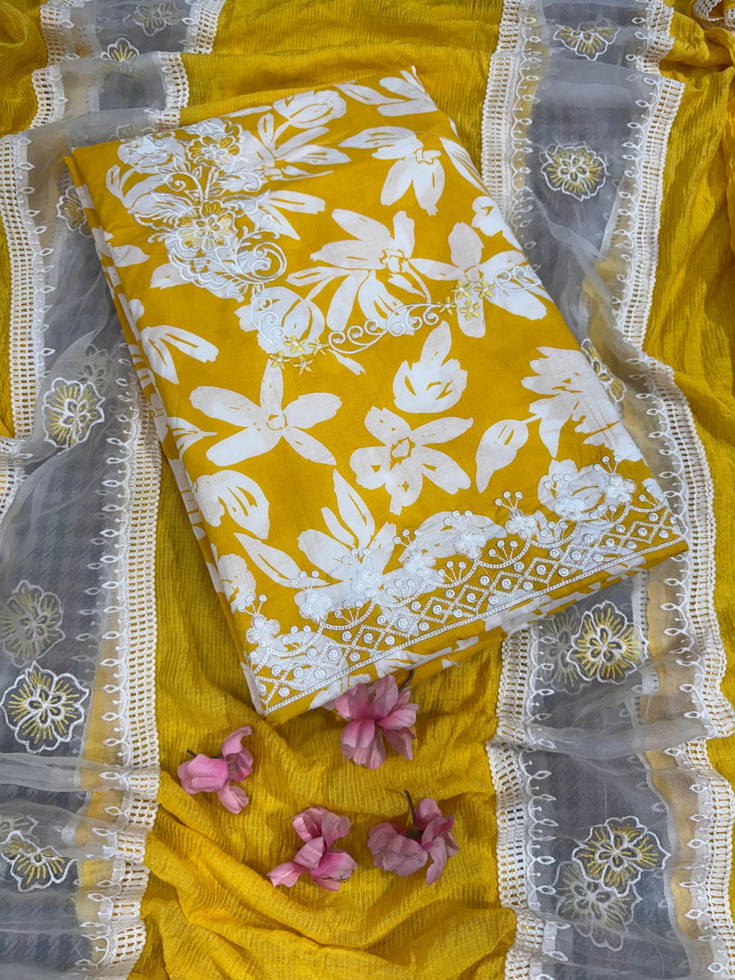 Sunshine Yellow Designer Cotton Dupatta