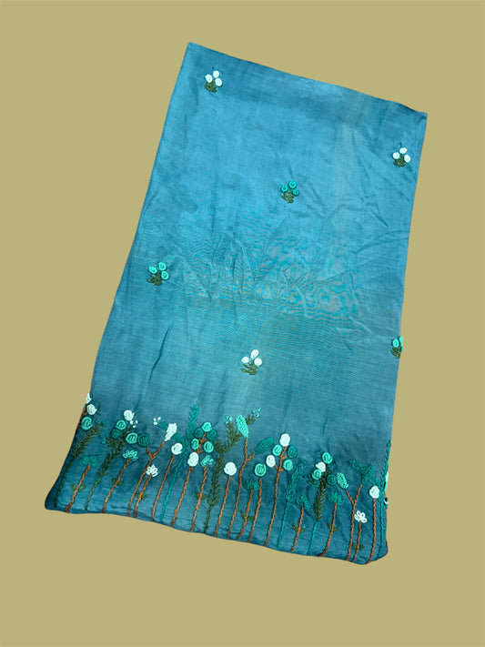 Turquoise Blue Embroidered kurti Floral Mirror Work Kurti (2.5 Meter)
