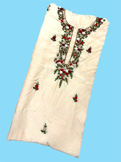Cream Embroidered Floral Tunic - Traditional Handwork.Maslin cotton Kurti (2.5 Meter)