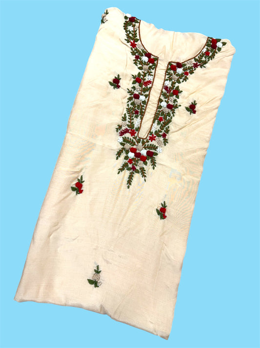 Cream Embroidered Floral Tunic - Traditional Handwork.Maslin cotton Kurti (2.5 Meter)