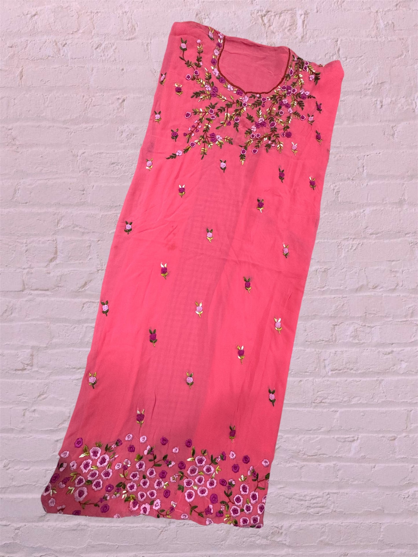 Coral Pink Embroidered Tunic - Floral Border Design Kurti (2.5 Meter)
