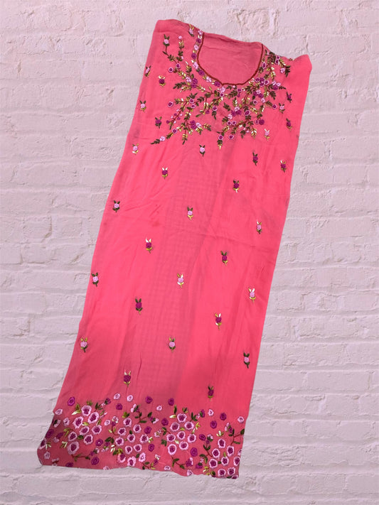 Coral Pink Embroidered Tunic - Floral Border Design Kurti (2.5 Meter)