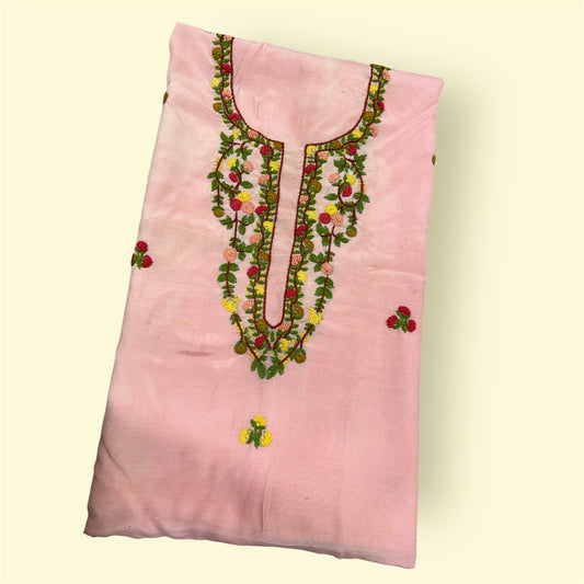 Pink Maslin Cotton Tunic - Multicolor Floral Embroidery Kurti (2.5 Meter)