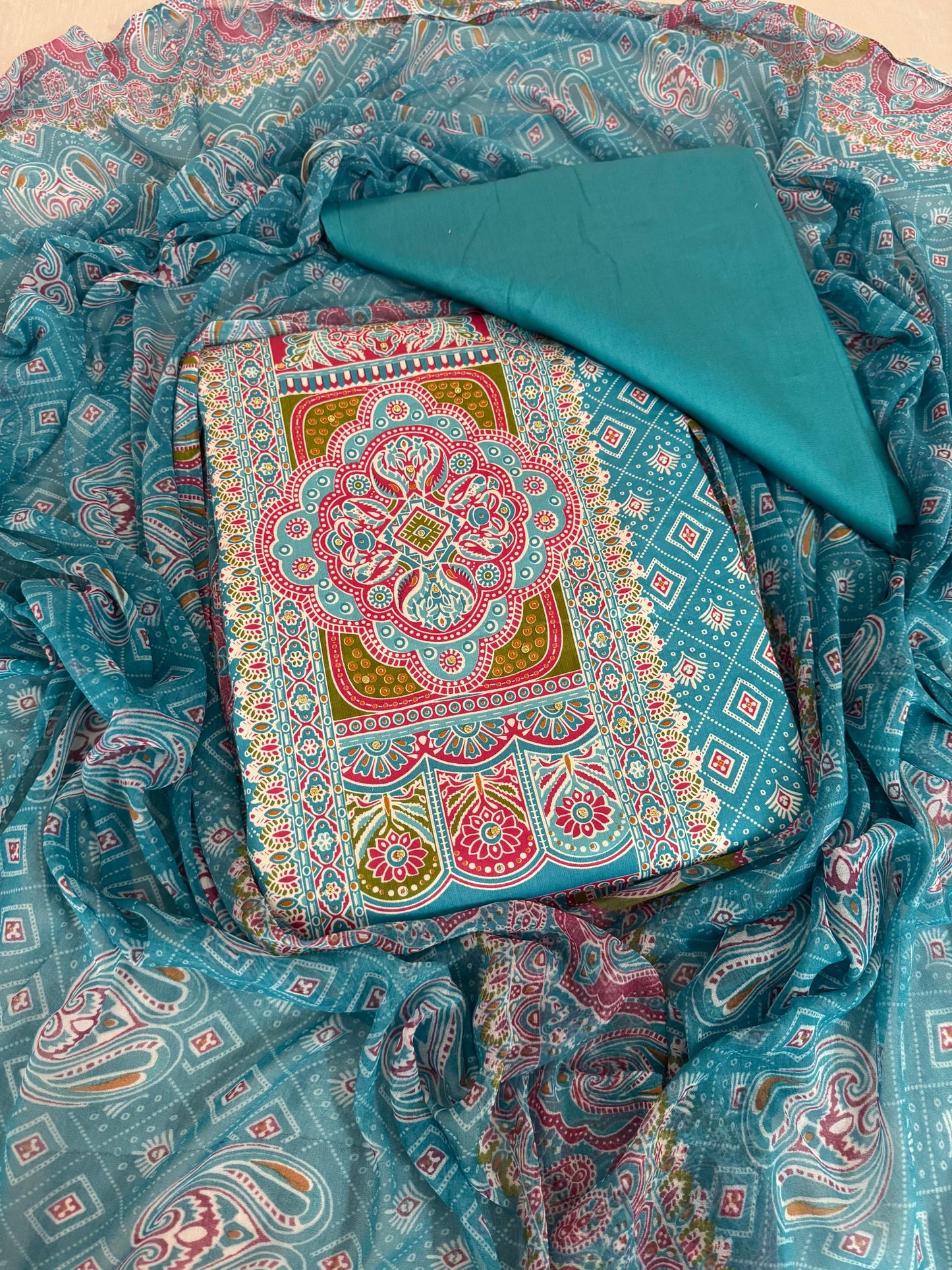 Elegant Paisley Printed Cotton Suit Set with Embroidered Detailing