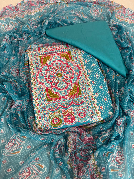 Elegant Paisley Printed Cotton Suit Set with Embroidered Detailing