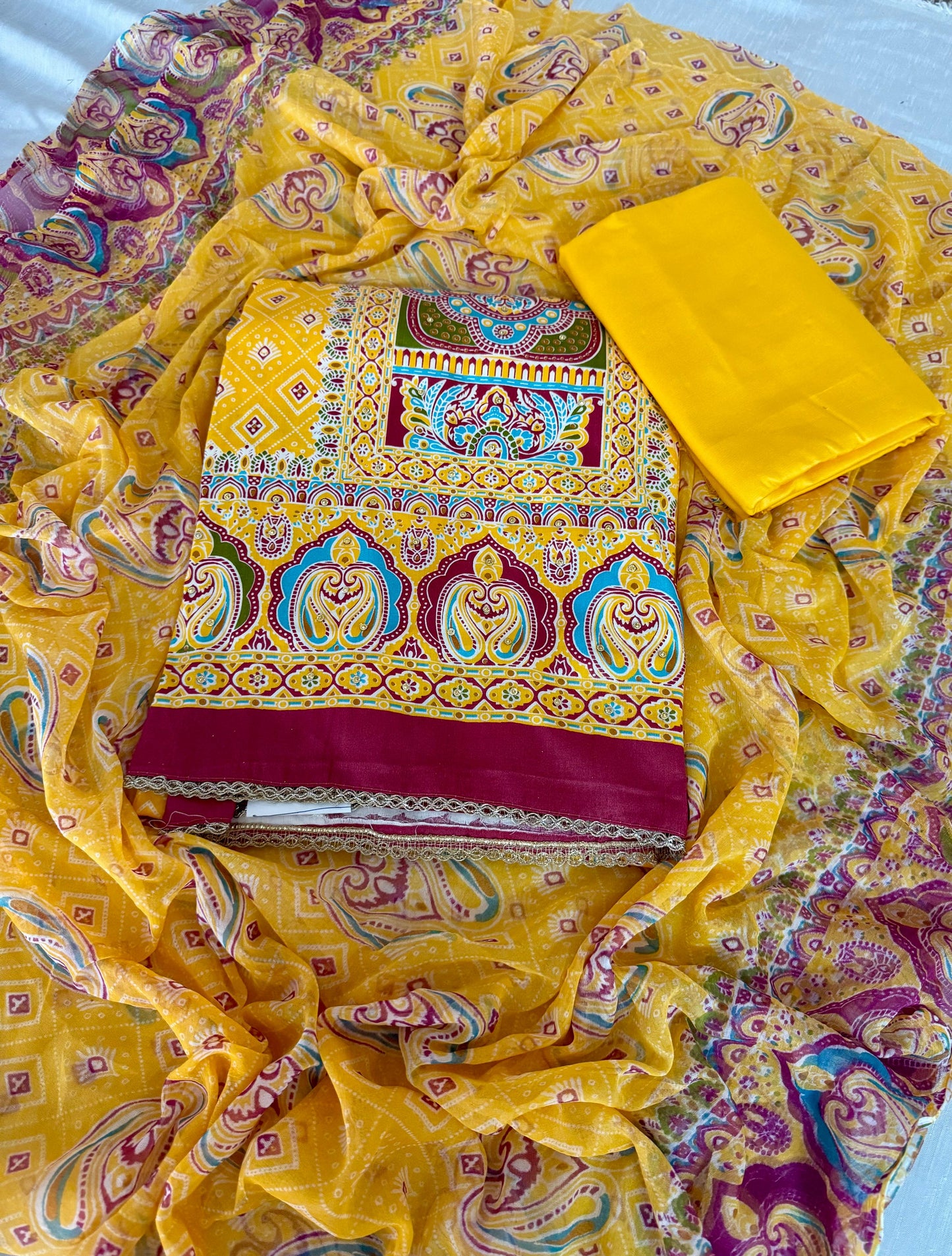 Elegant Paisley Printed Cotton Suit Set with Embroidered Detailing