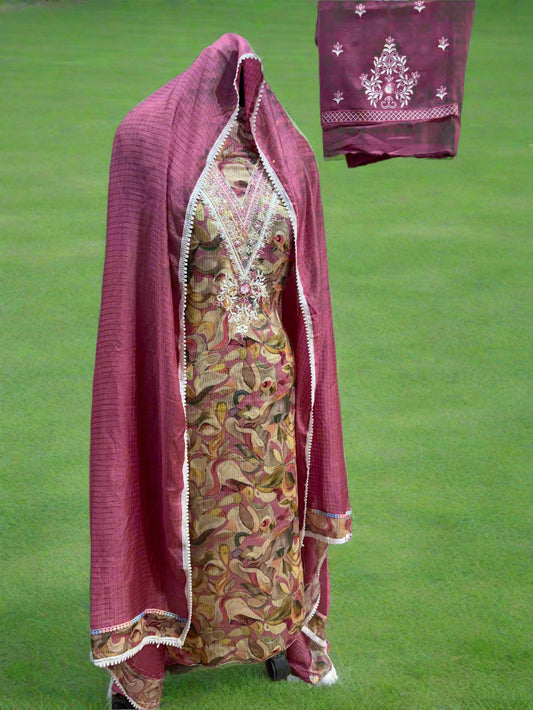 Magenta & Olive Floral V‑Neck Embroidered Unstitched Suit Set