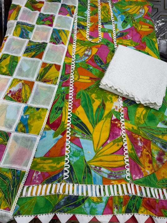 Multicolor Tropical Leaf Print Unstitched Suit