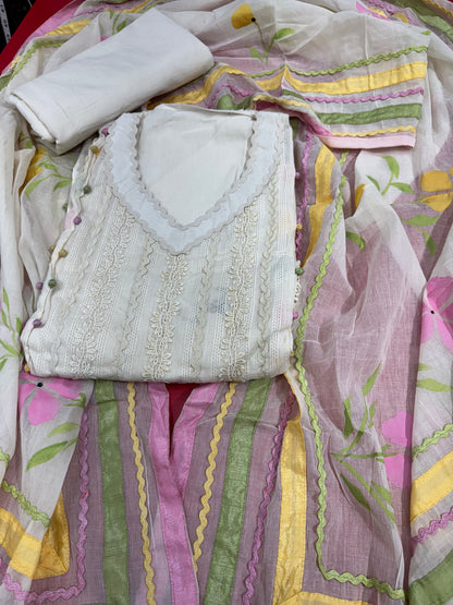 "Serene Grace: Embroidered Cotton Suit with Multicolor  Dupatta"