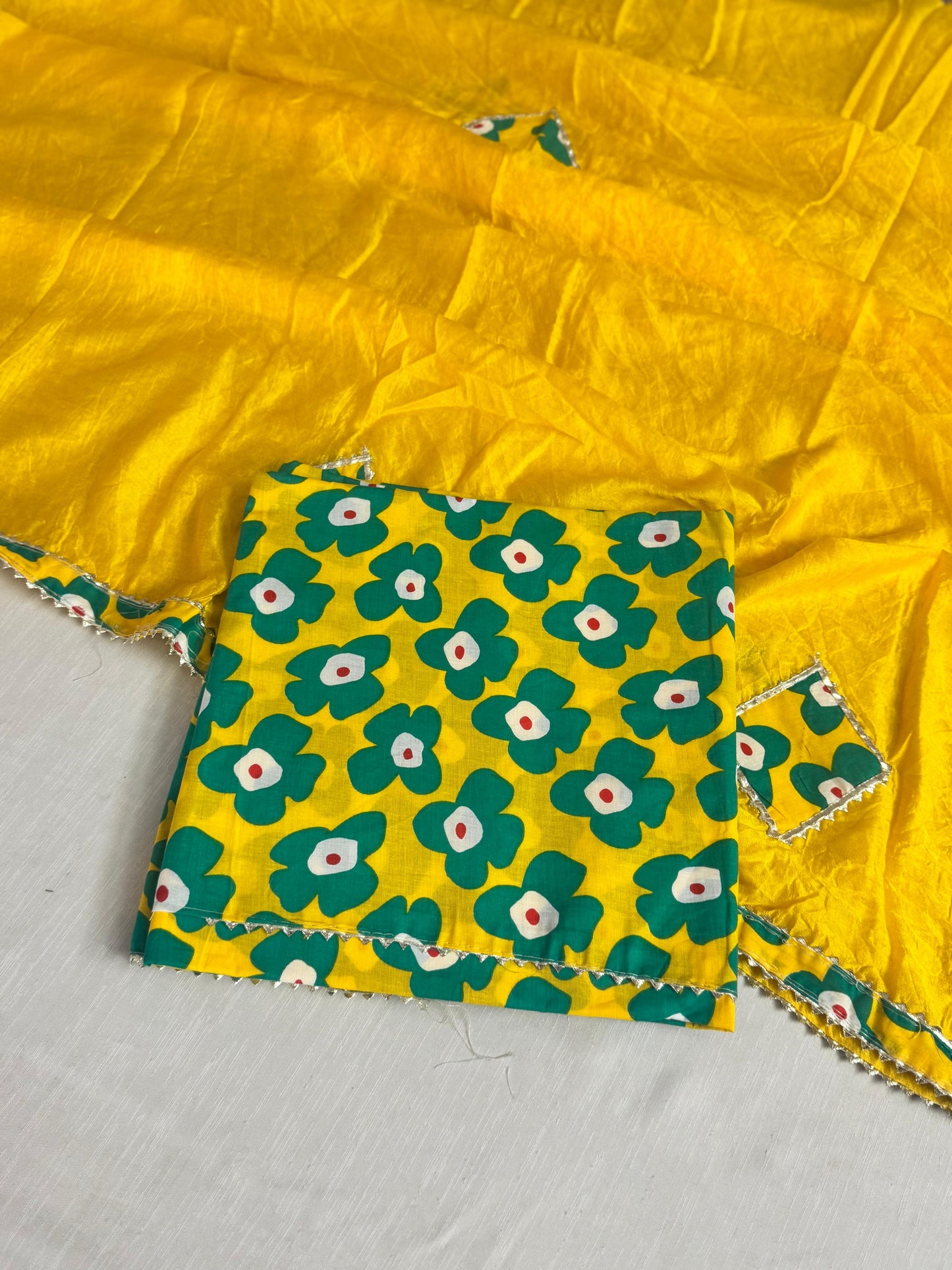 Printed cotton- Patch work on dupatta Lace work