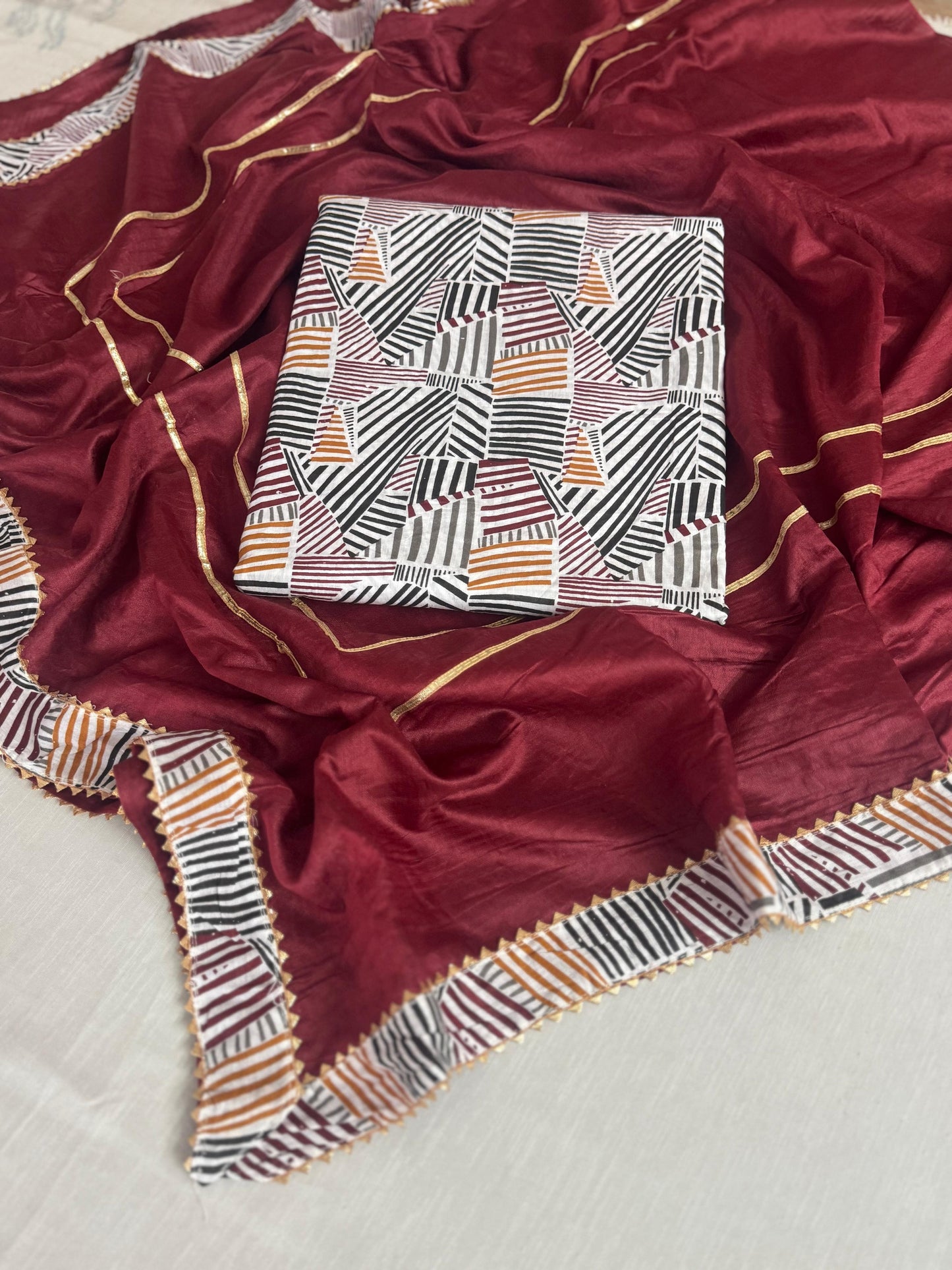 Printed cotton- Patch work on dupatta Lace work