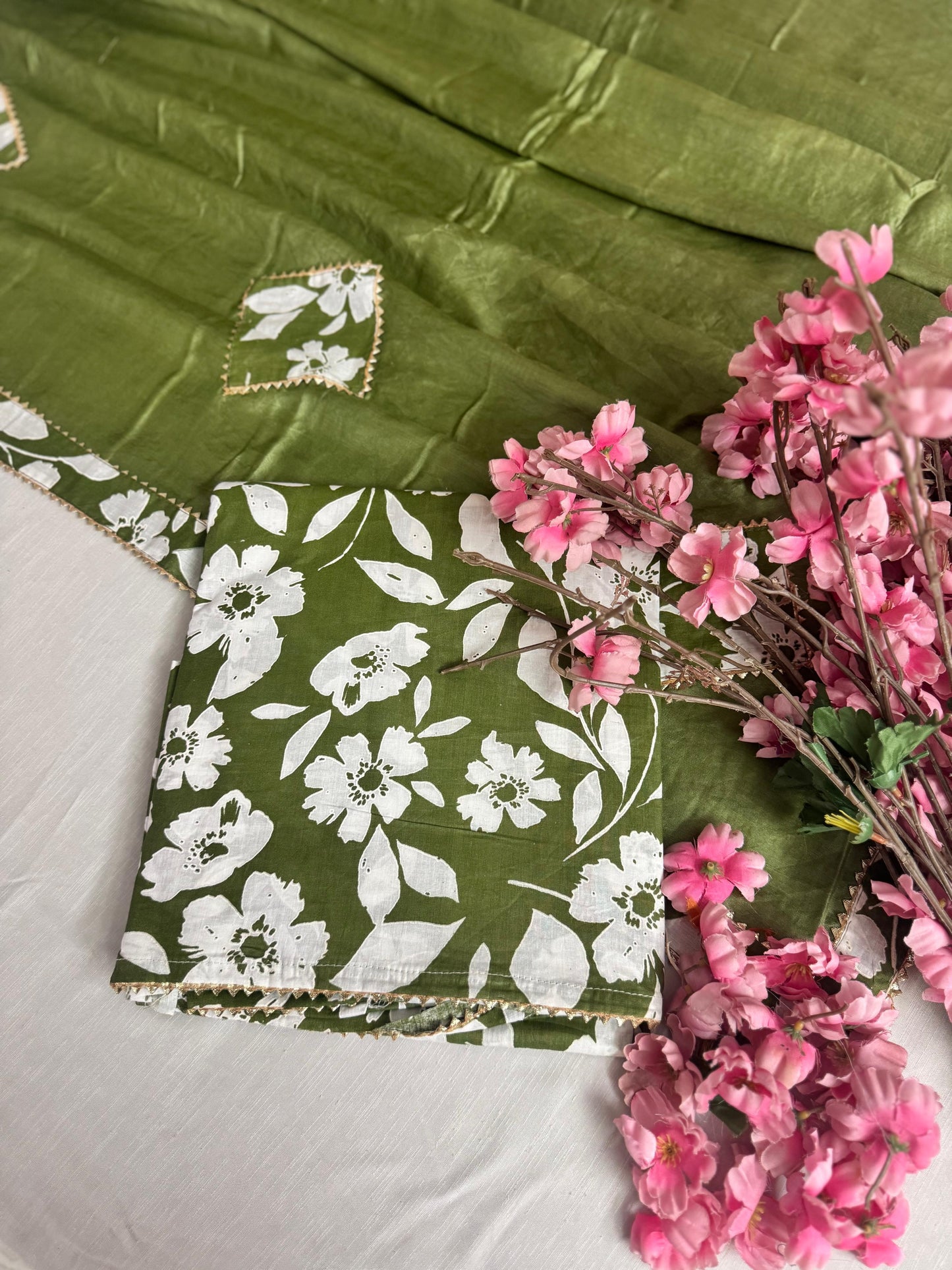 Printed cotton- Patch work on dupatta Lace work