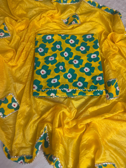 Printed cotton- Patch work on dupatta Lace work