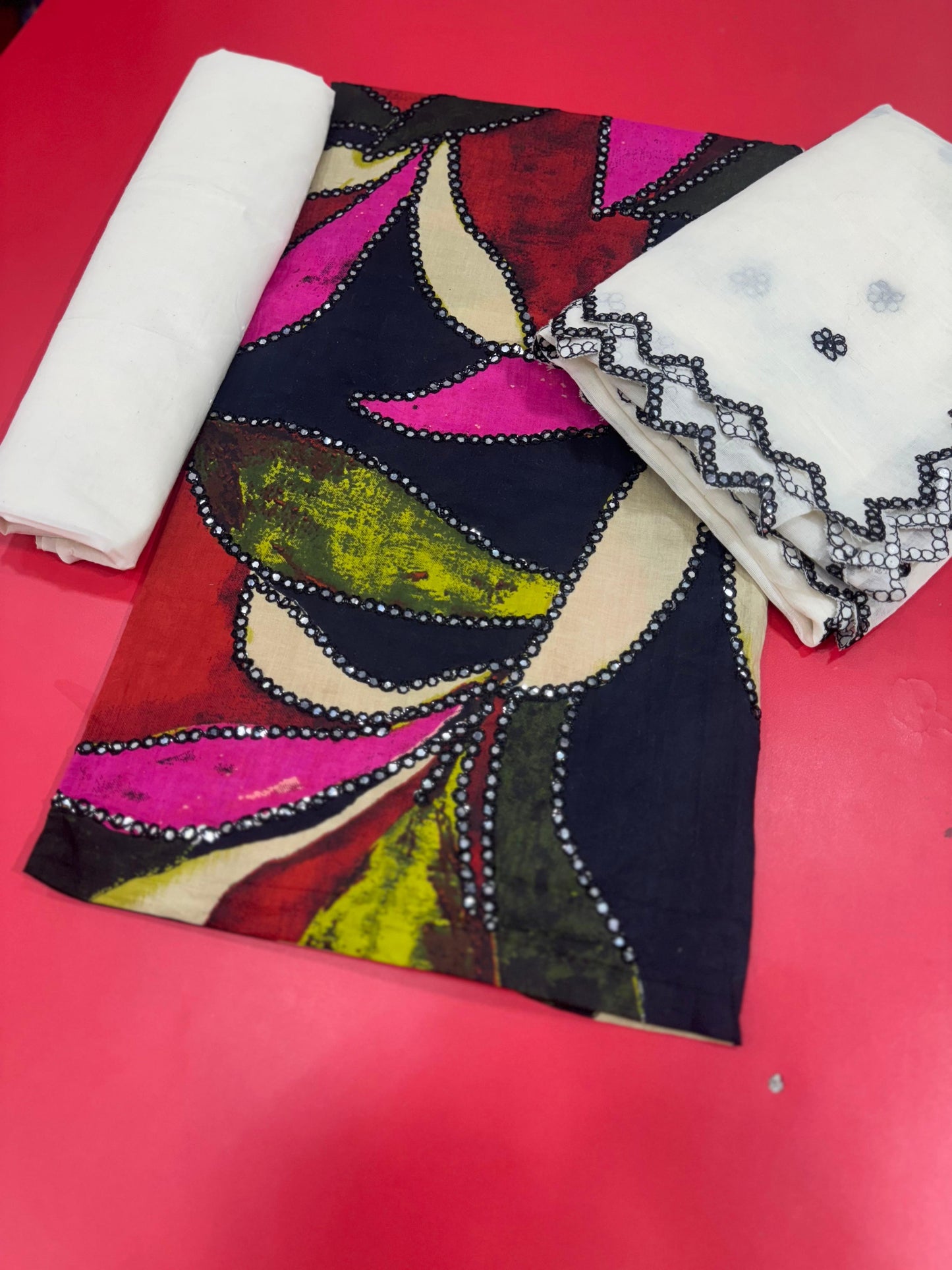 Cotton- Mirror work on shirt and dupatta