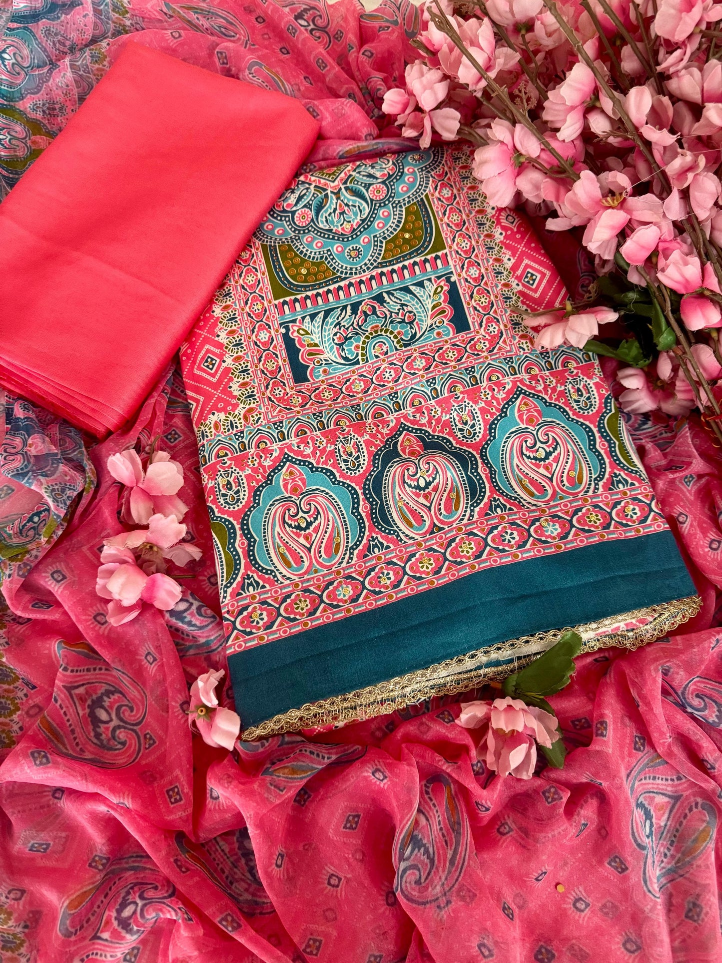 Elegant Paisley Printed Cotton Suit Set with Embroidered Detailing