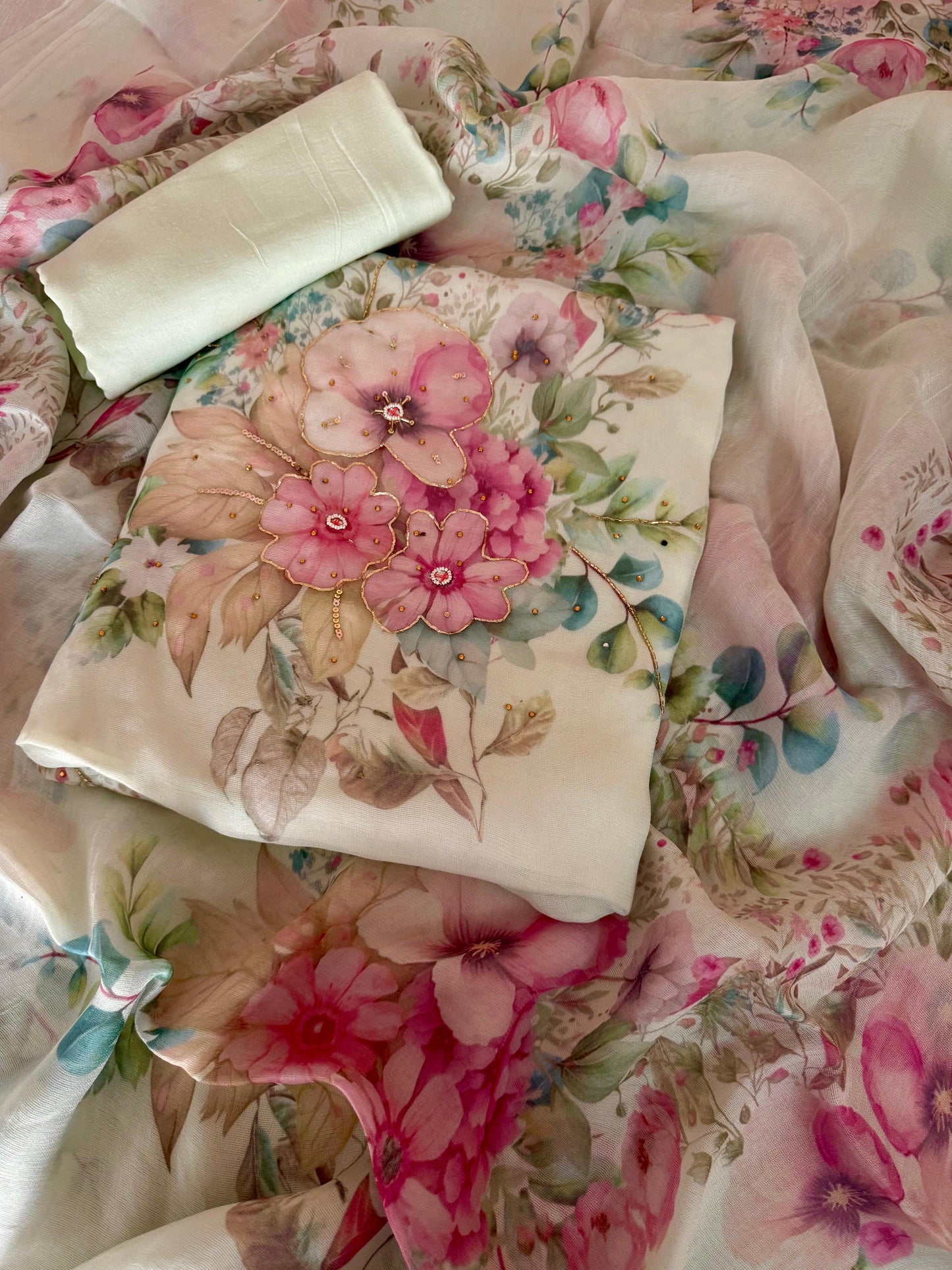 Burberry-Inspired Floral Suit with Hand Embellished Detail – Soft Pastel Collection