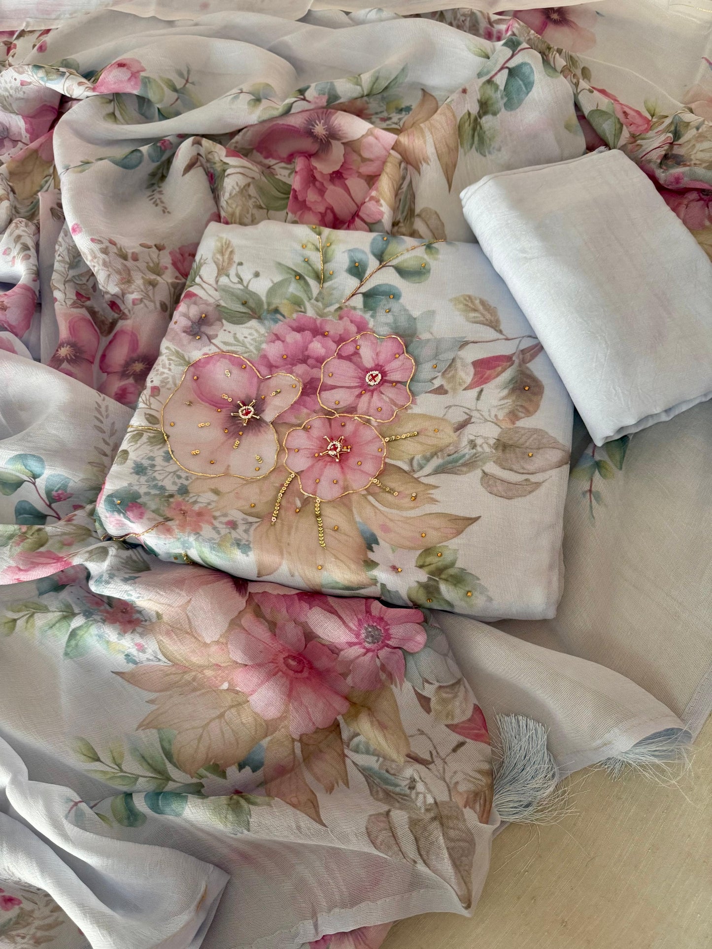 Burberry-Inspired Floral Suit with Hand Embellished Detail – Soft Pastel Collection