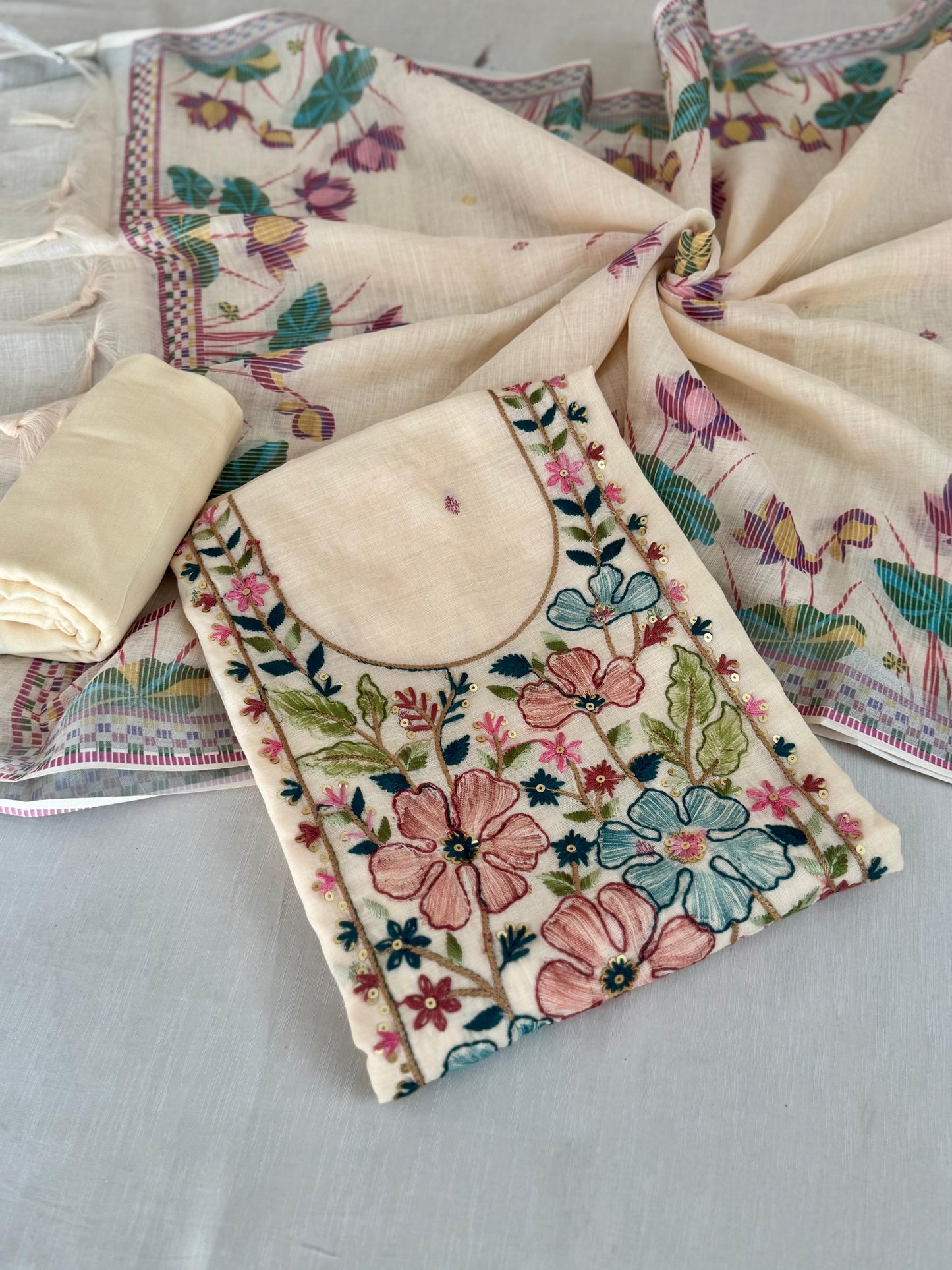 Khadi Cotton Thread work Embroidery Suit set