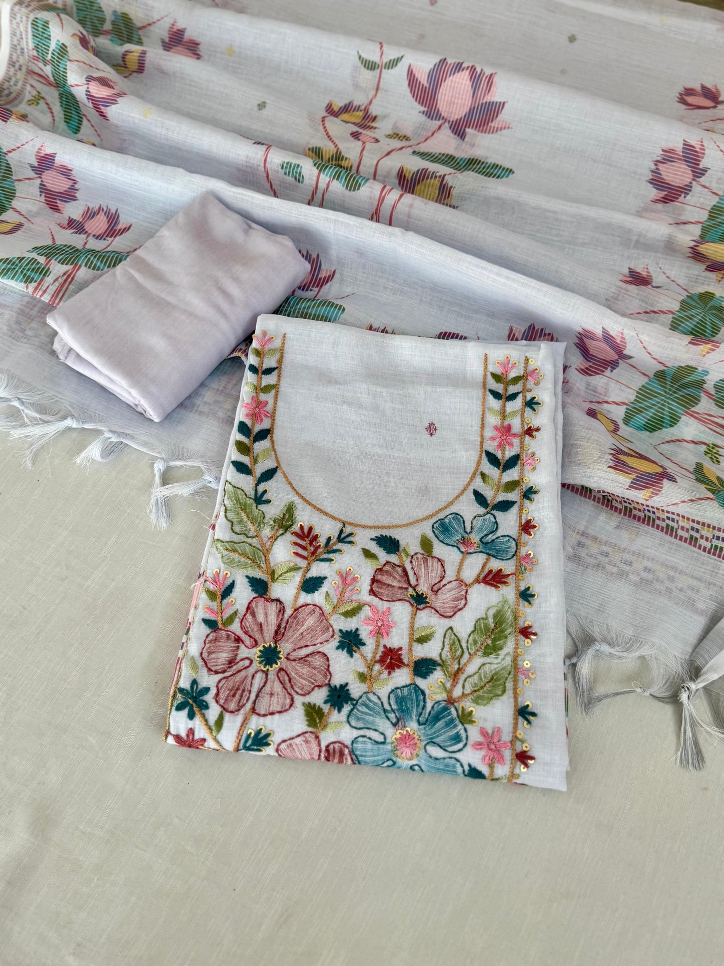 Khadi Cotton Thread work Embroidery Suit set